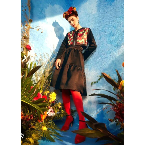 FRIDA KAHLO x SHEIN Tiered Shiny Black Satin Midi Skirt Peasant Boho Medium - Picture 1 of 5